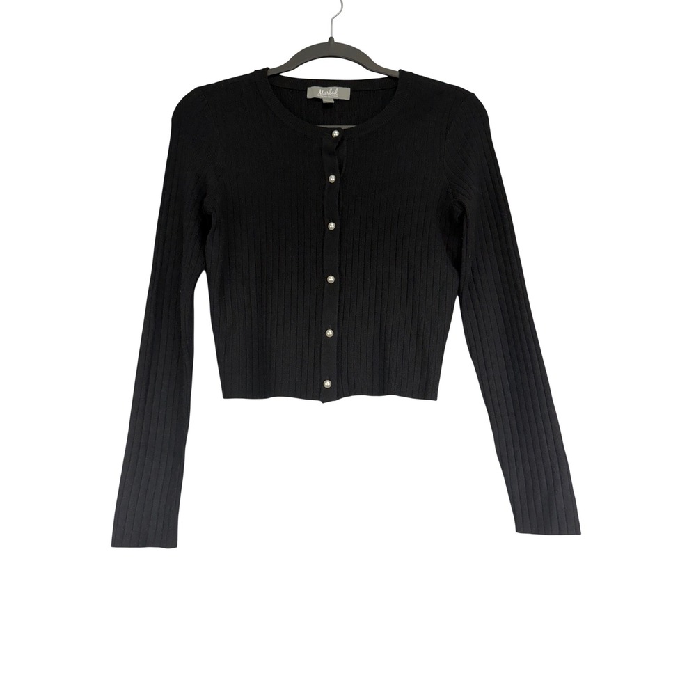 Marled Reunited‎ Clothing XS Black Ribbed Pearl Button Cropped Cardigan Sweater